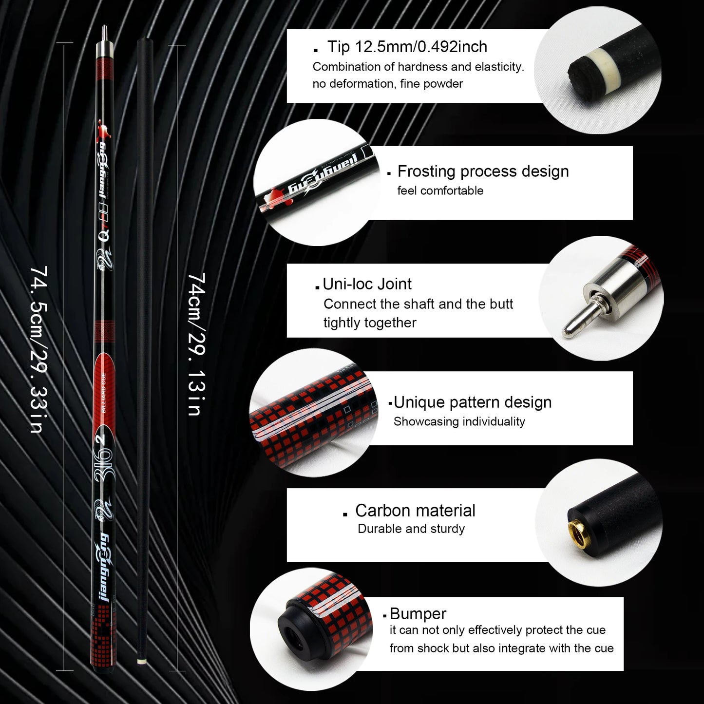 12.5mm Red Viper Carom Pool Cue 19oz Carbon Composite Billiard Stick 58.46in