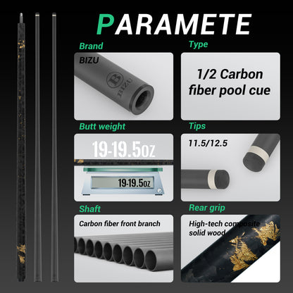 BIZU MARS IMPACT 58" Carbon Fiber Pool Cue 12.5mm-Black Gold
